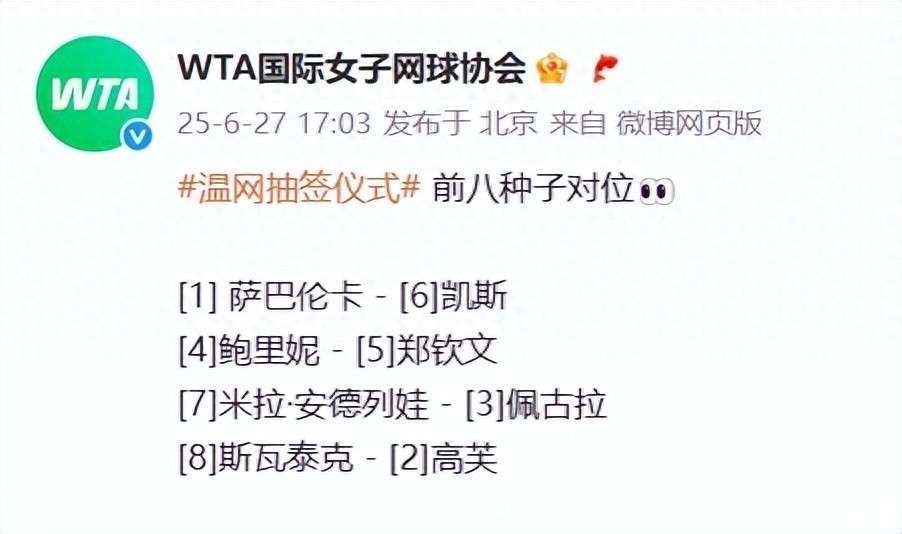 温网女单签表：郑钦文与萨巴伦卡同半区王欣瑜遇强敌的简单介绍